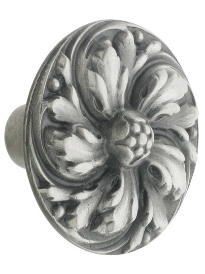 Chrysanthemum Cabinet Knob - 1 3/8 inch Diameter in Antique Pewter.